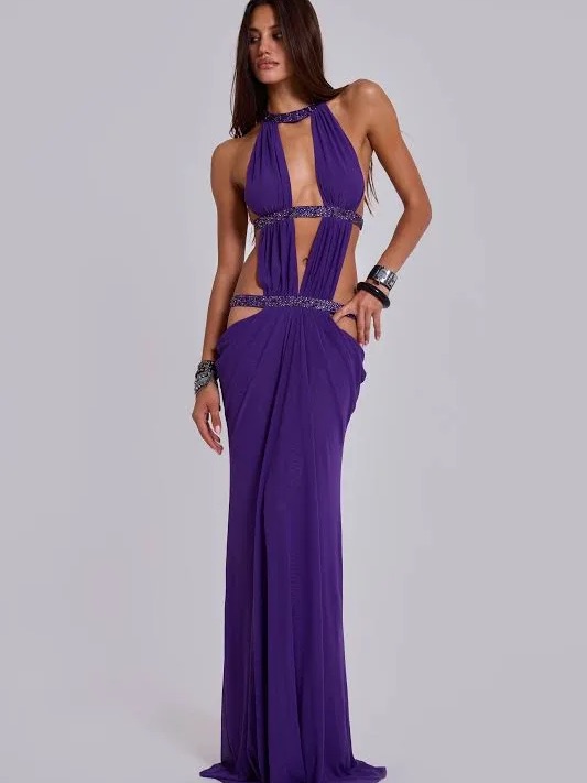 Jaded London Purple Cutout Halter Prom Gown